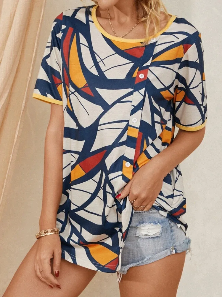 

2021 New O- Neck Printing T-shirts with Short Sleeve Casual Women's Blouses Loose Oversized Shirt Printed Ladies Clothing