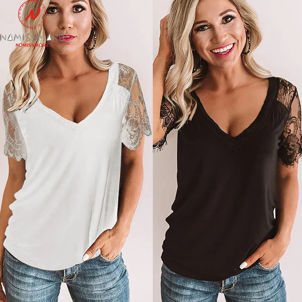 Женские кружевные футболки летние однотонные с v-образным вырезом и коротким