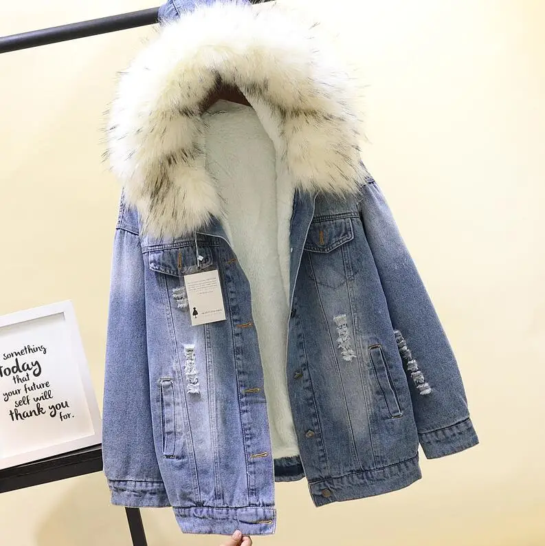blue white fur Зимняя Свободная Женская парка с капюшоном и большим мехом, Толстая теплая длинная джинсовая куртка из овечьего меха, зимняя куртка, женские пальто с меховые джинсы, куртка - Цвет: blue white fur
