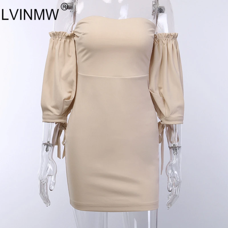 LVINMW Элегантное платье без бретелек с пышными рукавами на шнуровке бантом 2019