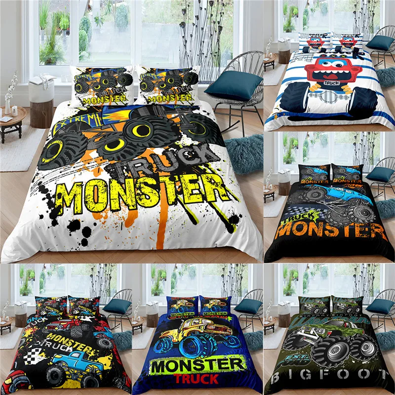 

Cartoon Monster Truck Bedding Set 2/3Pcs Soft Comforter Duvet Cover Set Bedspreads Twin Queen King Sizes With Pillowcase