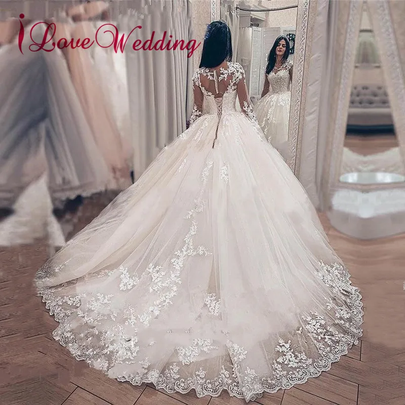 

Ball Gown Long Sleeves Wedding Dresses Custom made Jewel Collar Lace Applique Illusion Back Luxury Bride Dress Vestido de Novia