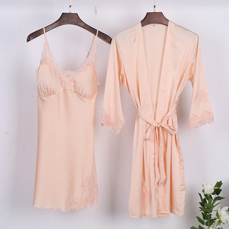 

Summer Pajama Woman Silk Long Sleeve Gown Two Suits Sexy Suspenders Nightgown Thin Lace Home Wear Casual Sleepwear 2PCS