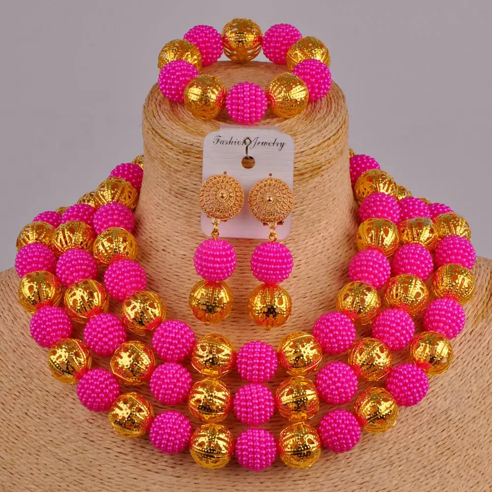 

Fuchsia Pink Jewelry Set Imitation Pearl African Wedding Beads Necklace Sets Jewellry FZZ48