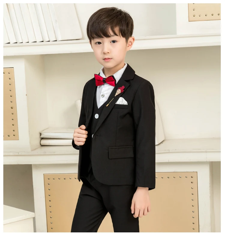 Black 3PCS Детские костюмы для мальчиков; черные блейзеры; торжественные смокинги для свадьбы; праздничная одежда для подростков; одежда для малышей; блейзер с цветочным узором для мальчиков; костюм - Цвет: Black 3PCS