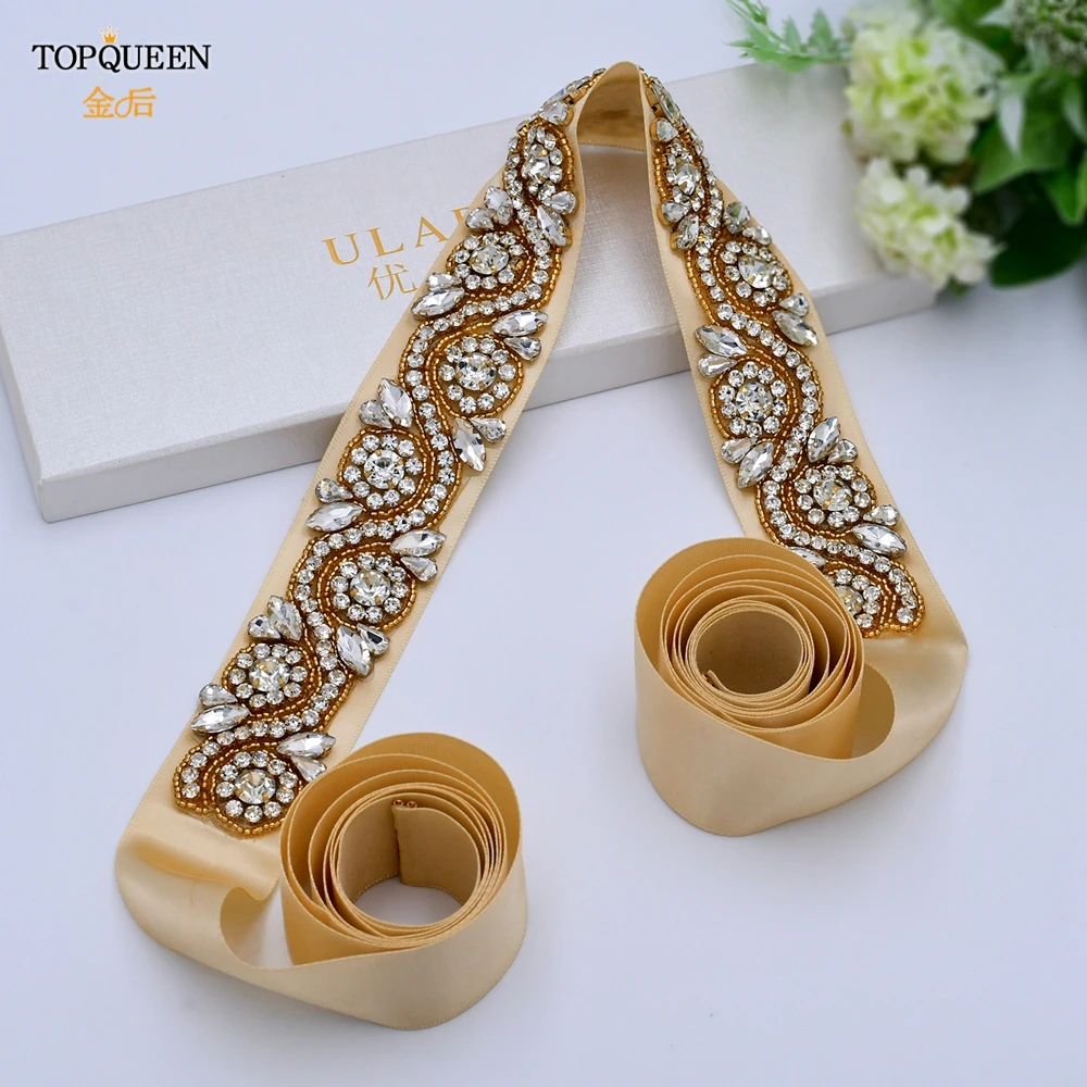 TOPQUEEN S164-G Золотая лента для платья Золотые стразы пояс невесты подружки