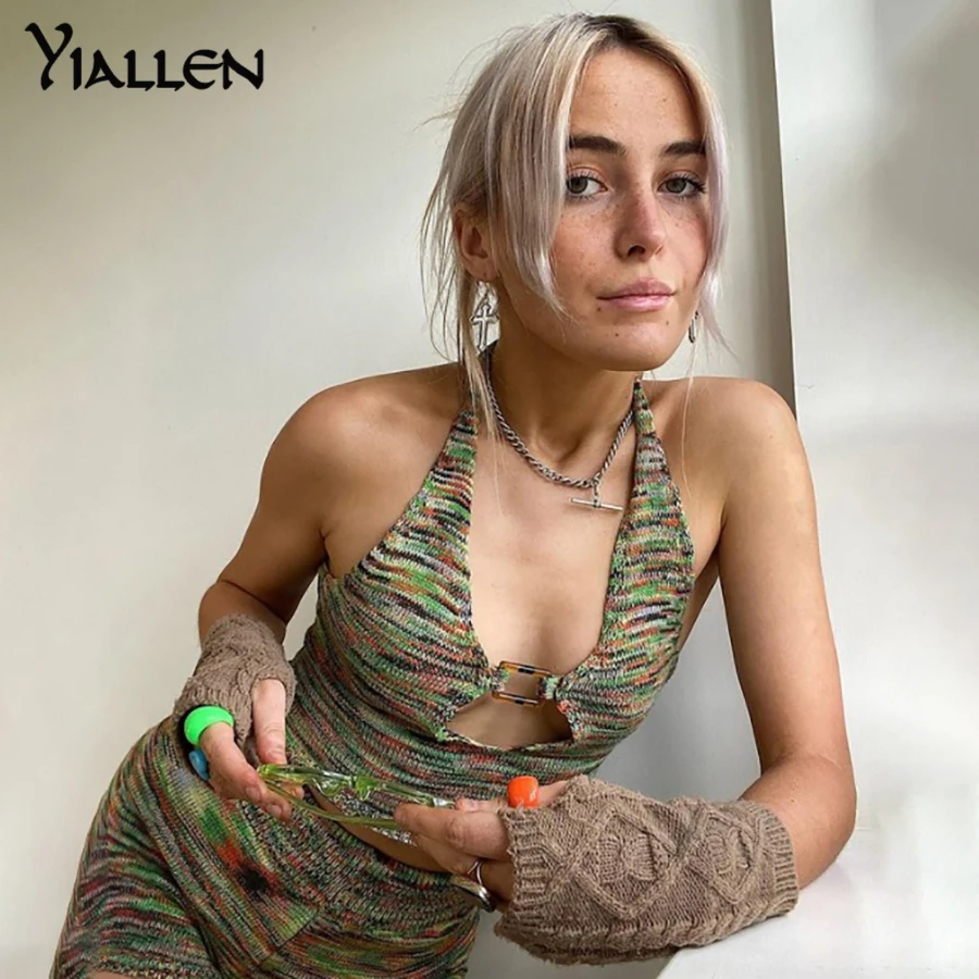 

Yiallen Elegant Knitted Women Two Piece Set Halter Top+Casual Shorts Low-Neck Buckle Matching Summer 2021 Skinny Basic Outfits