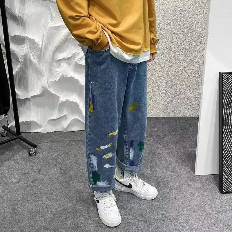 

Splashing ink jeans men straight casual pants 2021 autumn new fashion graffiti high street hip-hop style slimming loose trousers