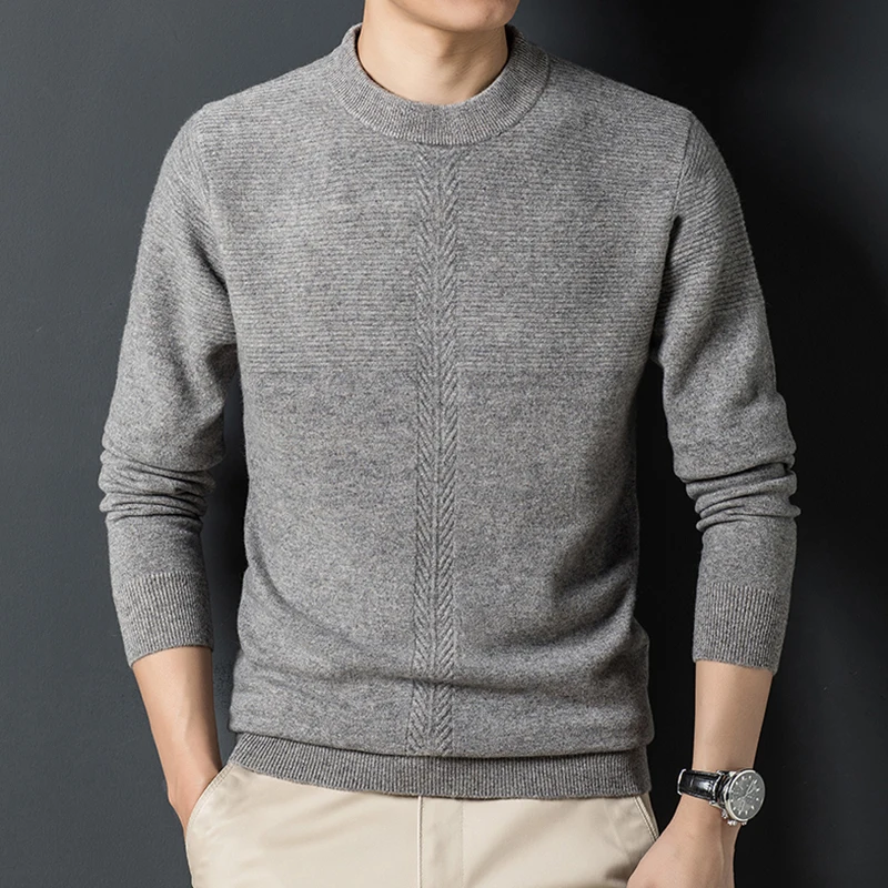 

Men's sweater thickened knitted bottoming shirt in autumn and winter, young jacquard 100% pure wool top
