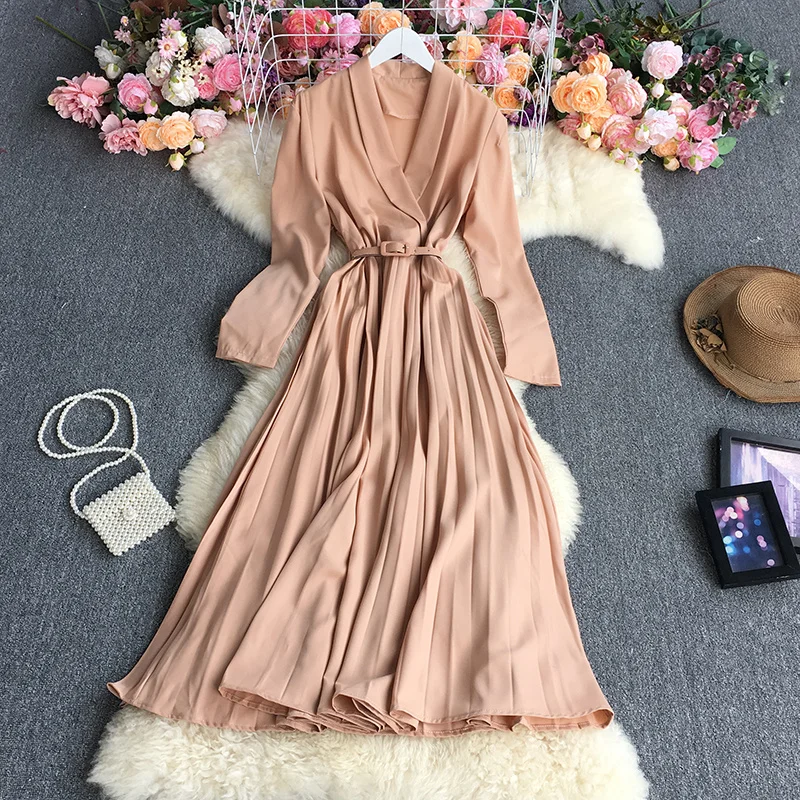 

Платье женское осенне-зимнее Плиссированное с V-образным вырезом и длинным рукавом