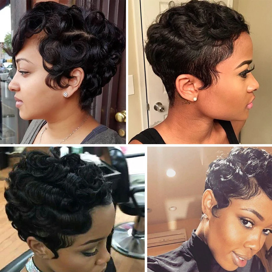 

Short Human Hair Wig Pixie Cut Wig Finger Wave Curly Human Hair Wig Peruvian Machine Made Light Brown Bob Wig Dorisy Remy Wigs