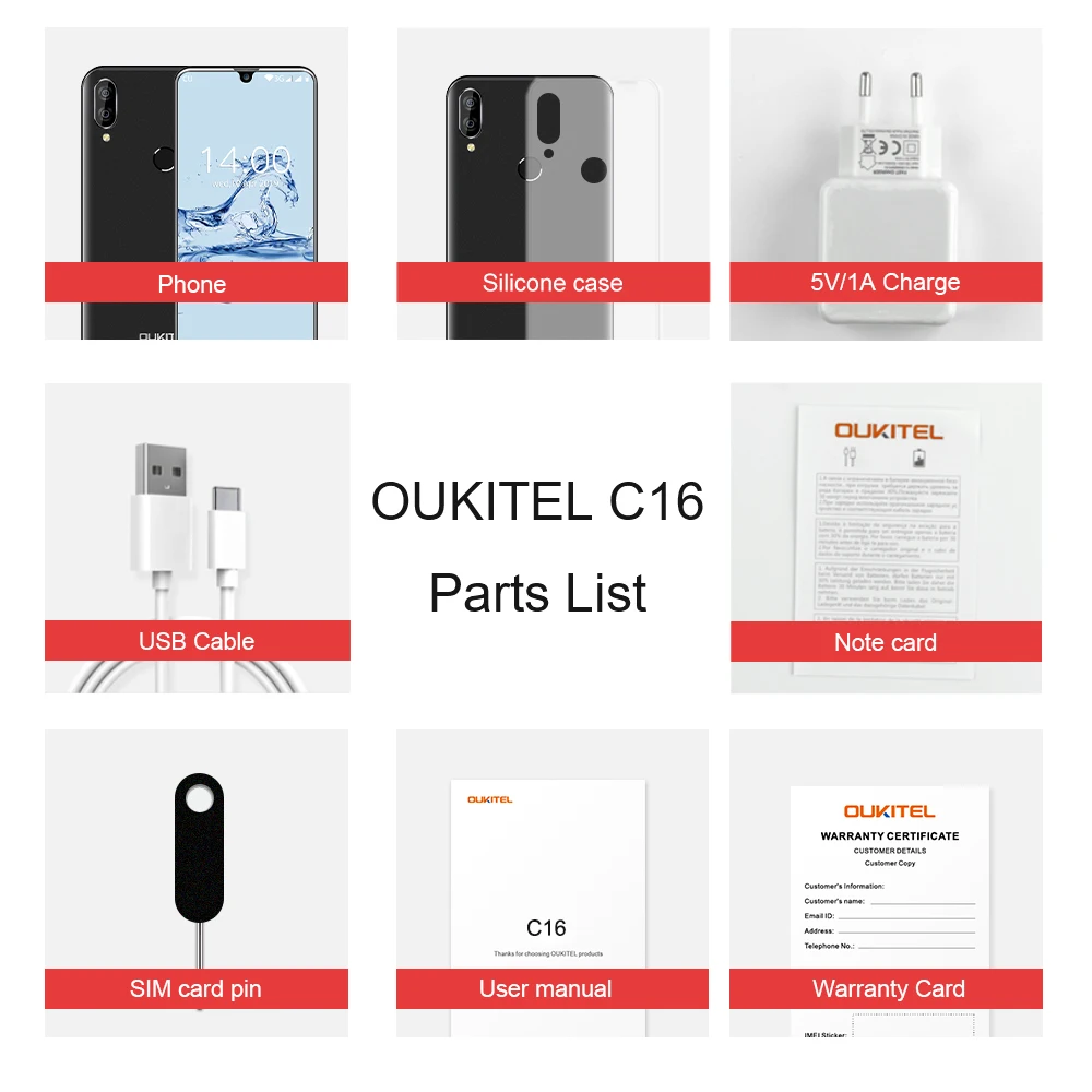 OUKITEL C16 5.71'ɺndroid 9.0 19:9 Waterdrop Screen CellPhone MT6580P 2GB RAM 16GB ROM Smartphone Dual Back Camera Mobile Phone |