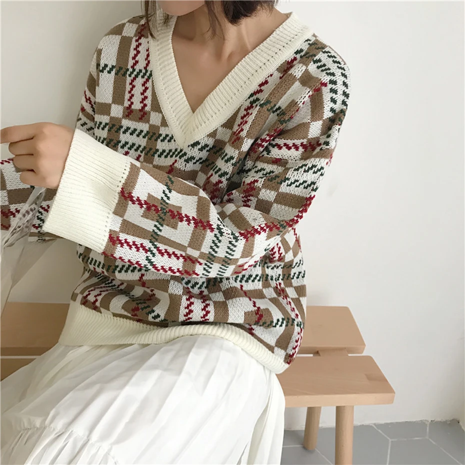 Винтажный осенне-зимний Пуловер New Prep свитер с V-образным вырезом и длинным