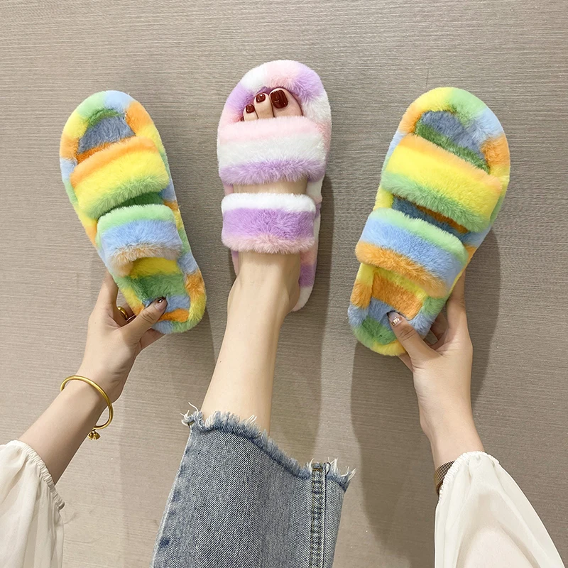 

Indoor House Faux Fur Slippers Sliders Shoes Women Fluffy Winter Warm Soft Slippers Home Female Plush Flat Platform Flip Flops
