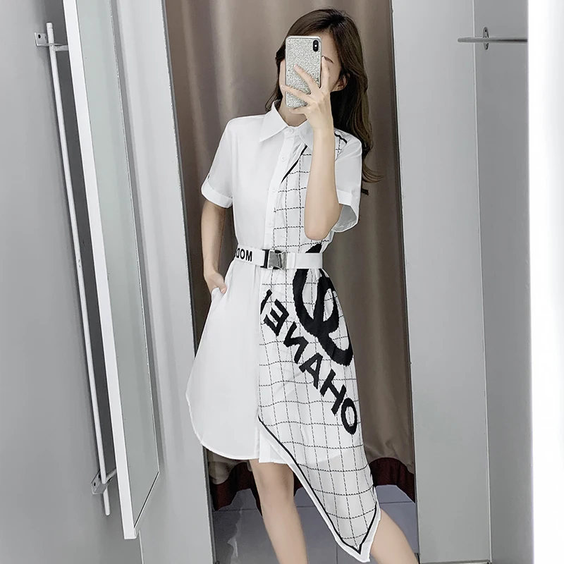

Summer New Women's White Stitching Plaid Scarf Short-Sleeve Dress