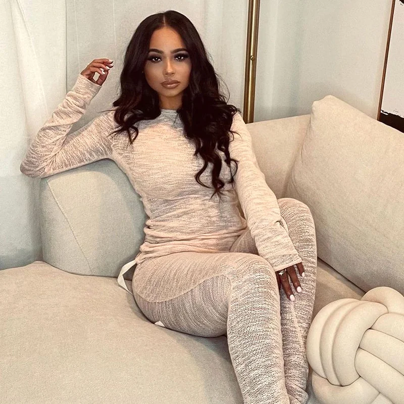 

Women's Autumn Fashion Drawstring Long Sleeve Top Slim Pants Two Piece Sets