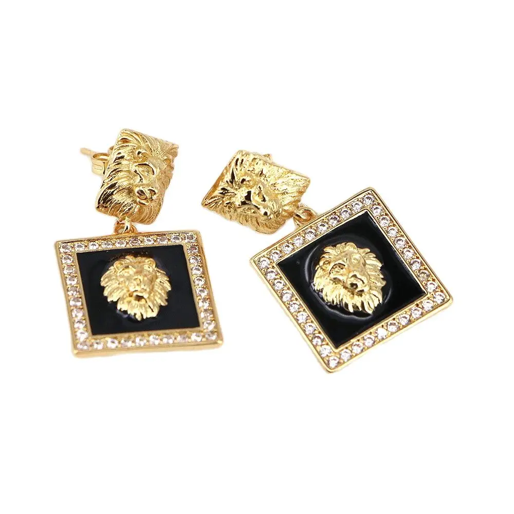 

5 Pairs, Hip Hop Gold Lion Head Stud Earrings Women Punk Trendy Crystal Black Enamel Fashion Jewelry
