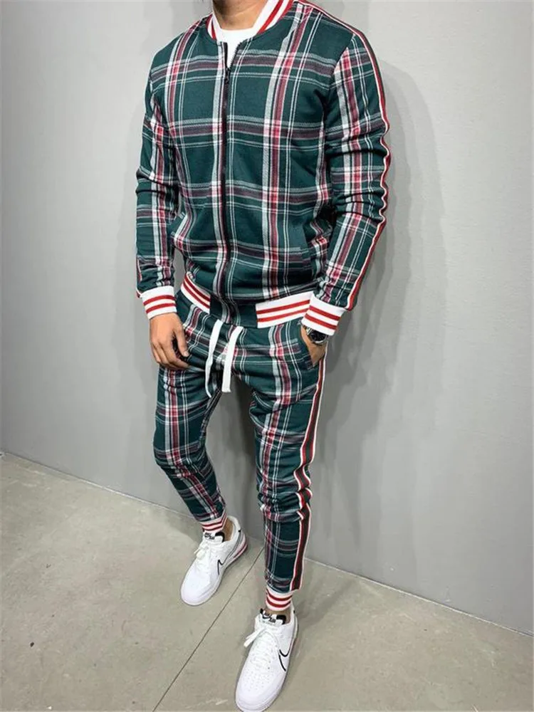 

Men' 3D Plaid Sports Gentlemen Set Jogging Slim Jacket Men Set Tracksuit Street Fashion Trend Hip-Hop Zipper Collar Jacket Suit
