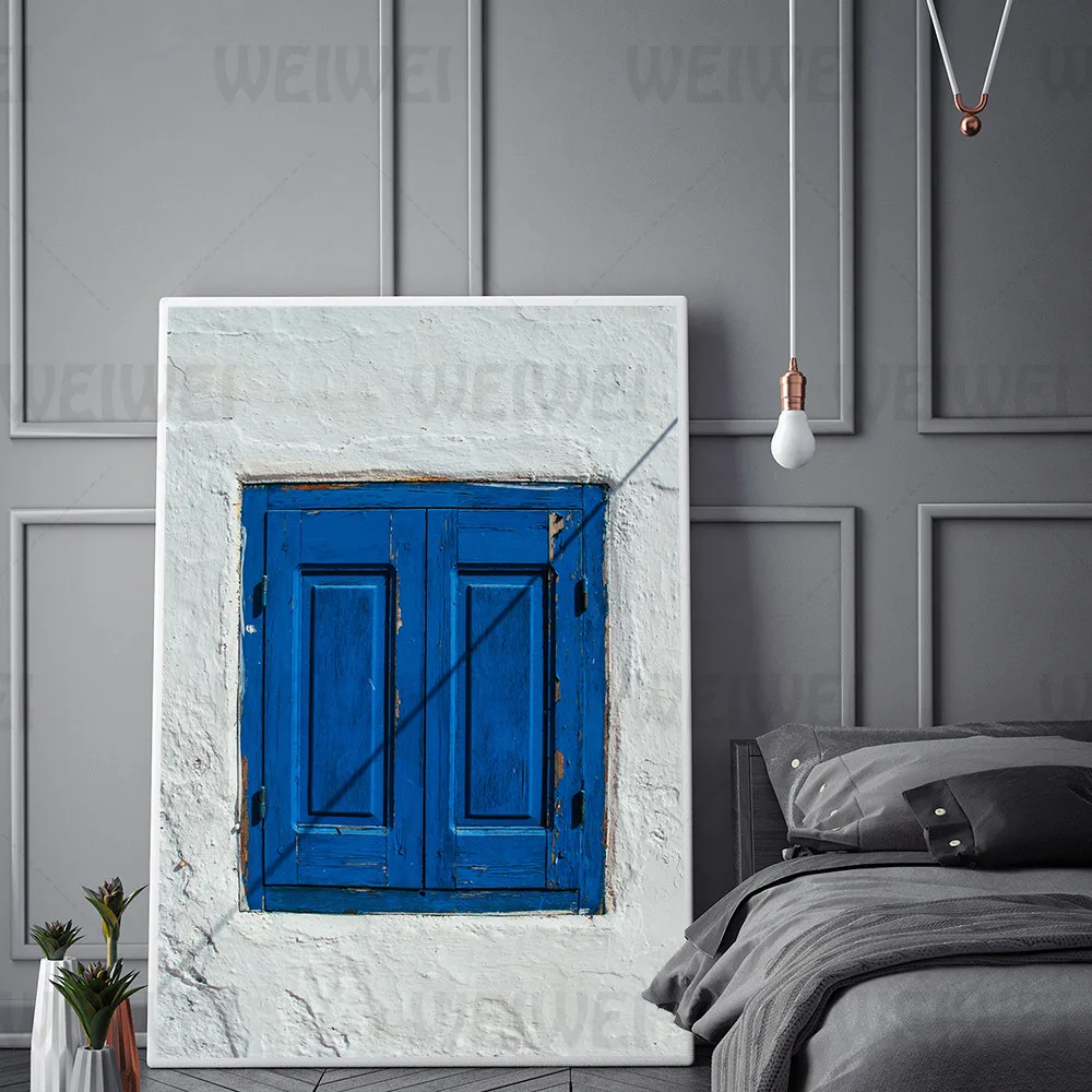 

Blue Windows On White Wall Home Decoration Painting Wooden Feeling Living Room Wall Art Canvas Poster Bedroom Study Room Prints
