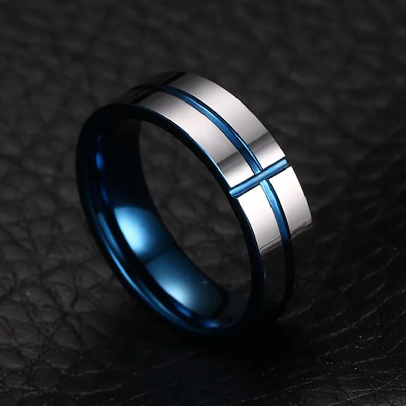 6MM Tungsten Carbide Ring for Men Blue Cross Line Groove Wedding Band High Polished Size 7-12