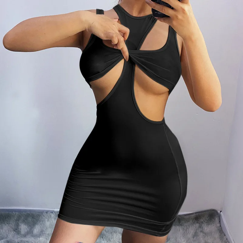 

Women Dress Sexy Hollow Out Sleeveless Solid Mini Dress Slim Bodycon Dress Tube Top & Vest Dress