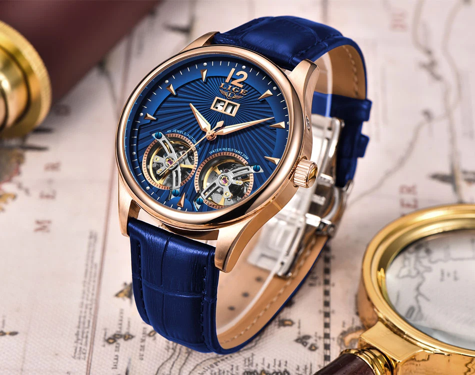 Reloj Hombres LIGE, мужские часы с двойным турбийоном и кожаным ремешком, Топ бренд, Роскошные автоматические механические Спортивные часы, мужские наручные часы