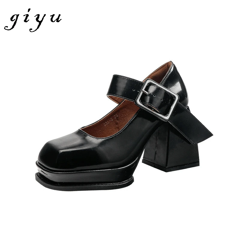 

Босоножки женские из лакированной кожи, туфли-лодочки на платформе, квадратный носок, пряжка, высокий каблук, черные