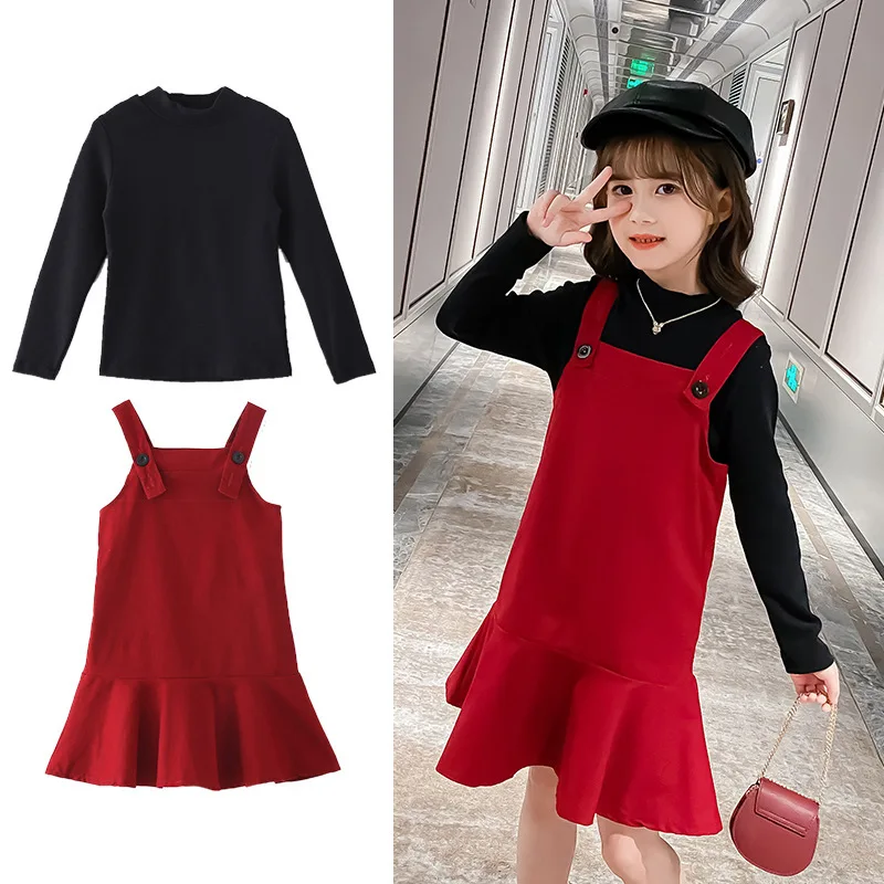 

2PCS Clothing Sets Girl 2020 Autumn Spring Toddler Baby Clothes Black Tops And Red Ruffles Dress Teens Girls Outfits Kids Suits