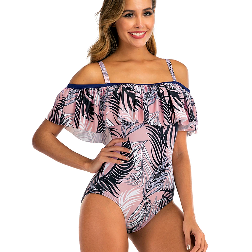 Большой размер купальник с открытыми плечами рюшами Цельный сексуальный высоким