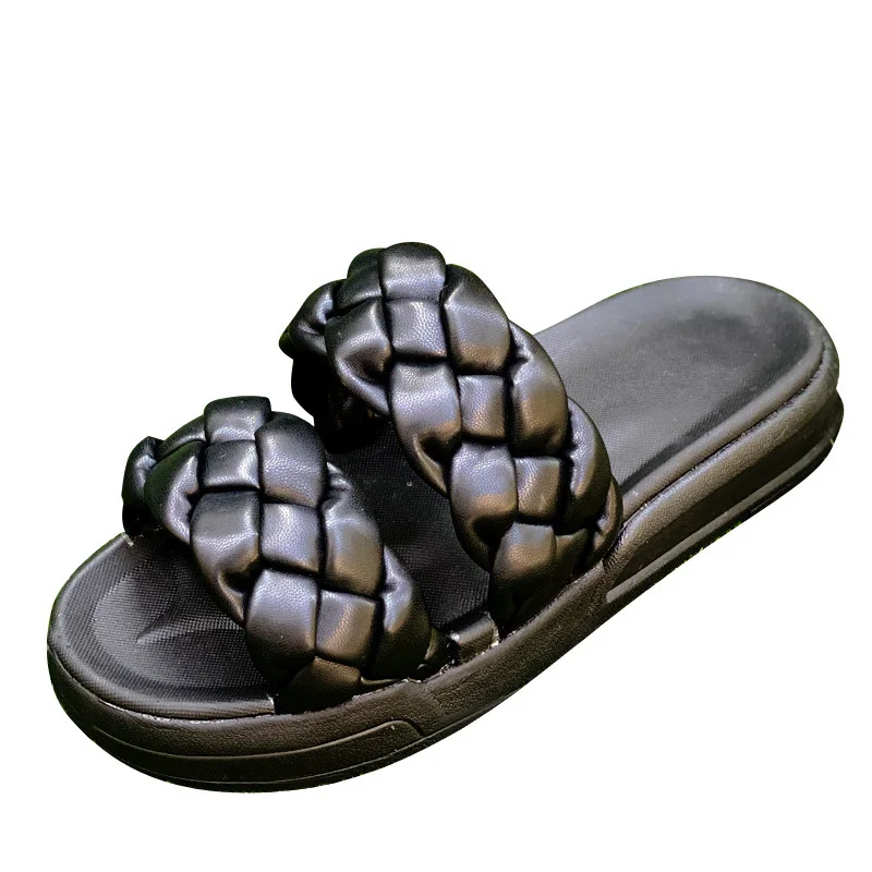 

Summer Casual Slip-on Sandals Ladies Shoes Women Leather Weave Sandals Black Slippers Platform Wedges Shoes Beach Slides