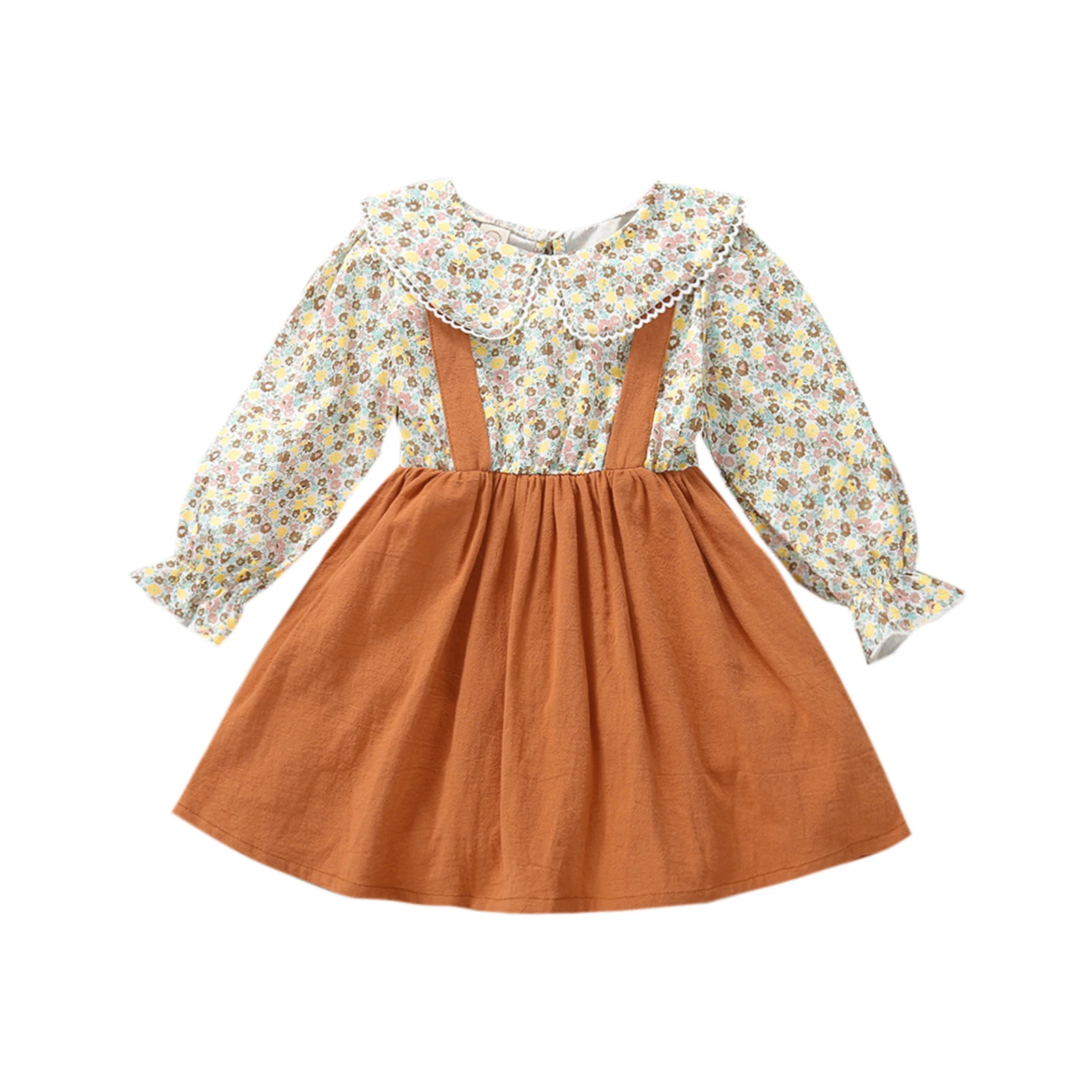 

Baby Girl Long Sleeve Dress Fashion Casual Plaid Stitching Round Neck A-line Printed Peter Pan Collar Dress