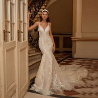 new glamorous mermaid lace open back bridal wedding gowns sleeveless v neckline spaghetti straps wedding dresses for bride 2021