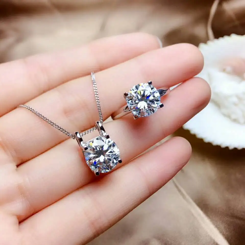 

MeiBaPJ VVS1 3 Carats Moissanite Gemstone Jewelry Set 925 Silver Ring Pendant Necklace 2 Pieces Suits Wedding Jewelry for Women