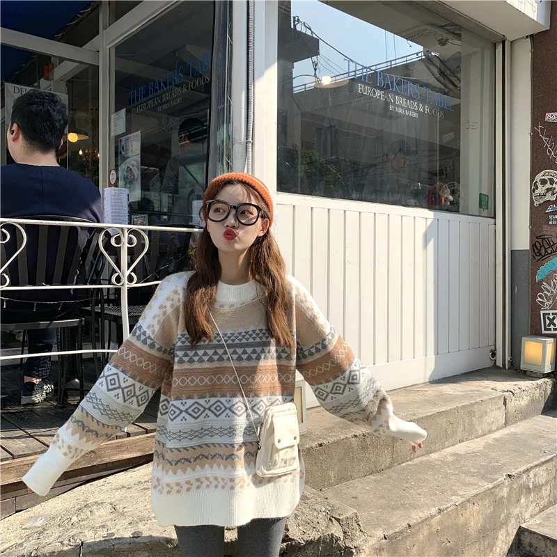 

loose casual women print sweaters korean loose sweaters lady winter pullovers