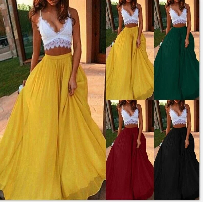

Spring And Summer Chiffon Maxi Skirts For Women 2021 Bohemian A-line Red Pleated Skirt Solid Black Long Skirt