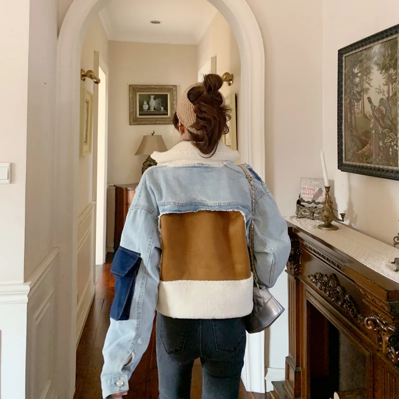 PERHAPS U Women Faux Fur Denim Patchwork Coat Outwear Warm Thick Turn Down Collar Pocket Chic C0410