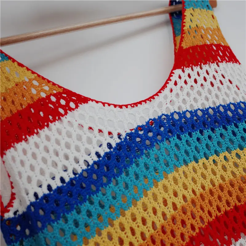 Женское трикотажное платье туника разноцветное пляжное мини в полоску без