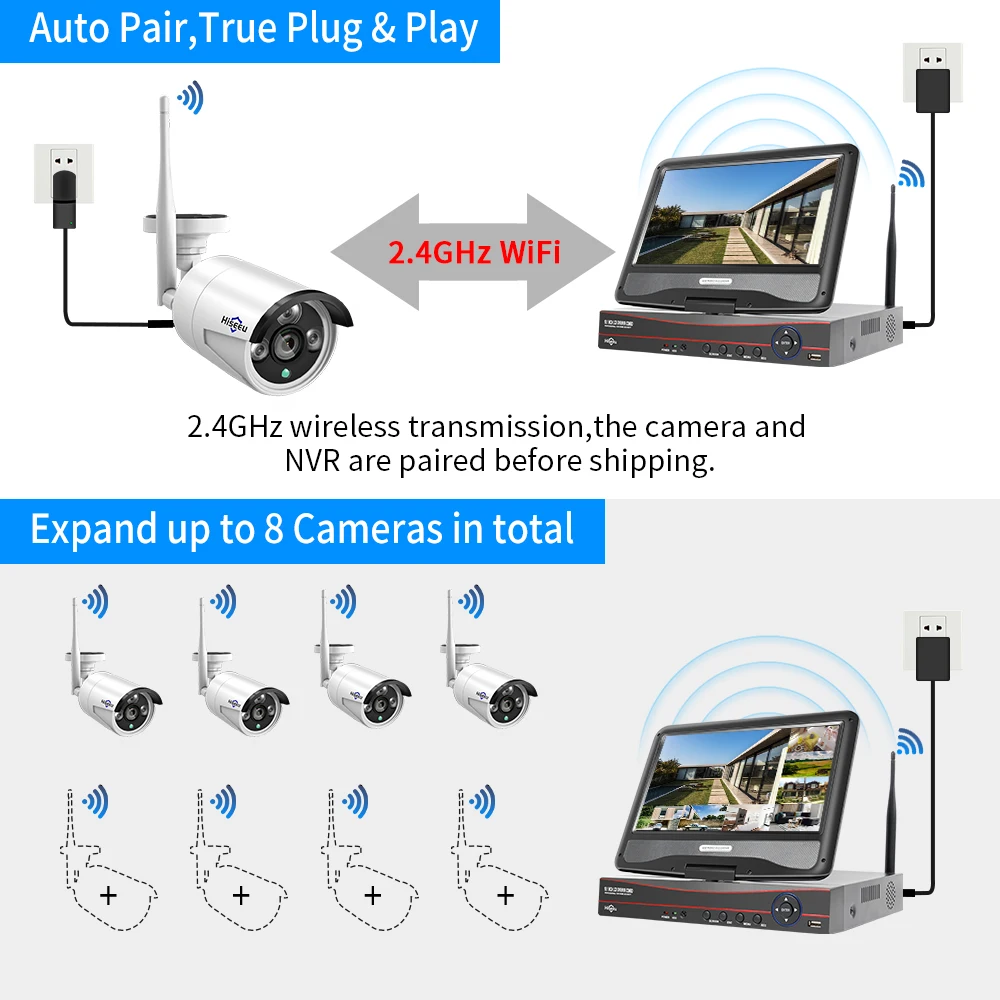 hiseeu 3mp 8ch wireless camera cctv kit 10 1 lcd monitor 1536p outdoor security camera system wifi nvr kit free global shipping