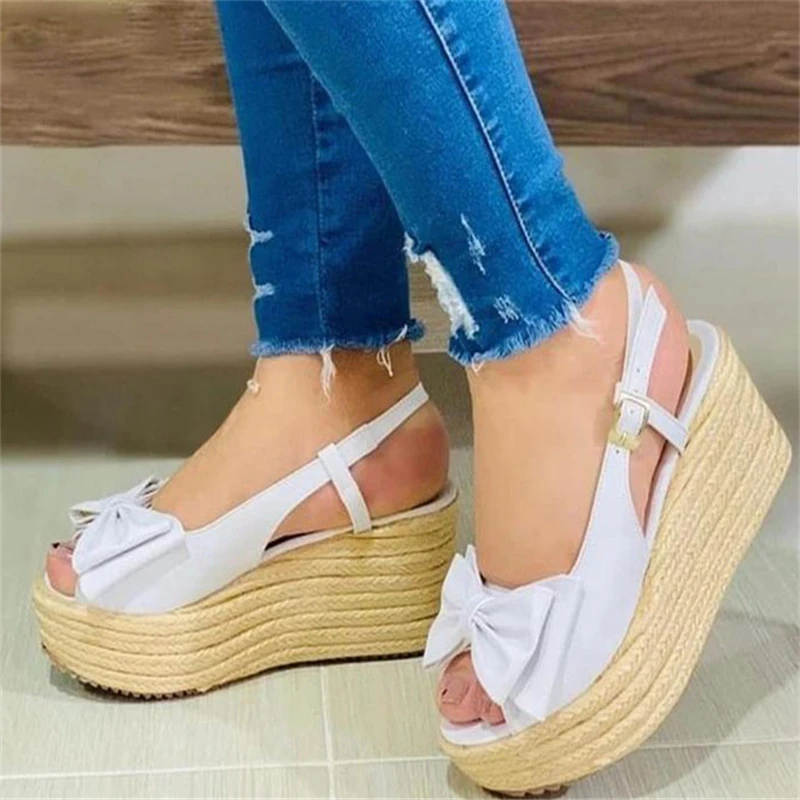

Women Hemp Butterfly-knot Wedges Sandals Female Buckle Peep Toe Shoes Ladies Summer Fashion Platform Footwear Plus Size