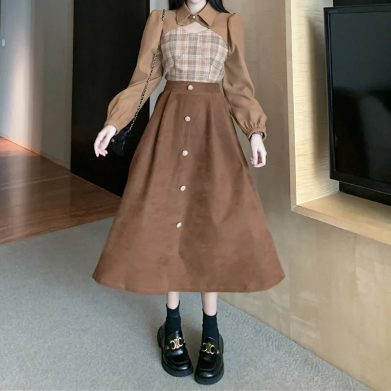 

Leisure Fashion Suit Women's Autumn and Winter 2021 New Foreign Style Plaid Short Shirt, Half Umbrella Skirt Two-piece Set