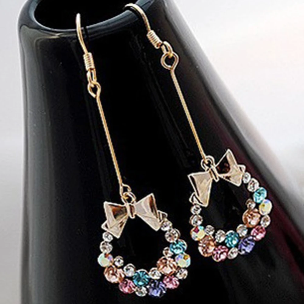 

Vintag 1Pair Bow Ear Studs Alloy Rhinestone Colorful Flower Earrings Style For Womene Bridal Wedding Fashion Fine Jewelry 2021
