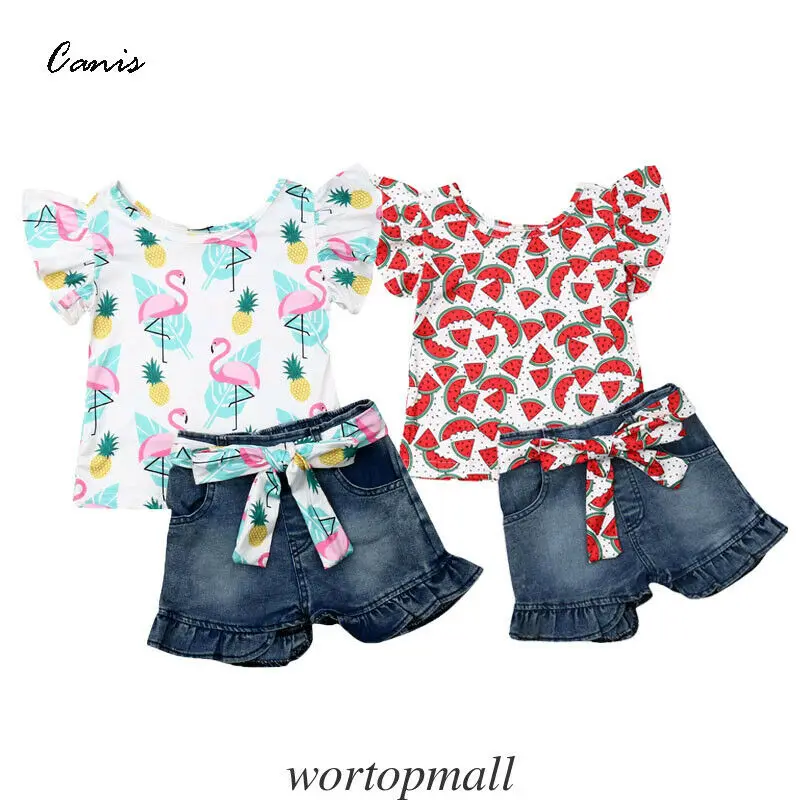 Милые детские топы с короткими рукавами и принтом фламинго арбуза для маленьких