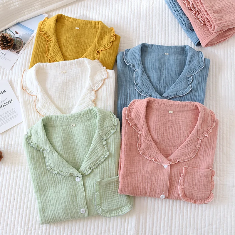 

Fdfklak Gauze Cotton Women Long Sleeve Trousers Pajamas Turn-Down Collar Pyjamas Spring Home Clothes 2 Pieces Sleepwear