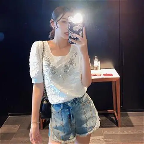 

Puff Short Sleeve Women Shirts 2021 New Summer Design Rhinestone Beads Square Collar White Pullovers Top Al-match