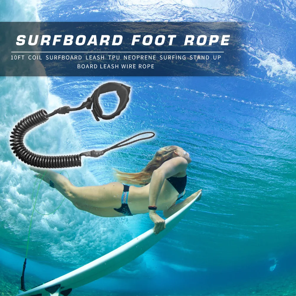 

10ft Coil Surfboard Leash TPU Neoprene Outdoor Surfing Stand Up Board Leash Wire Foot Rope Black