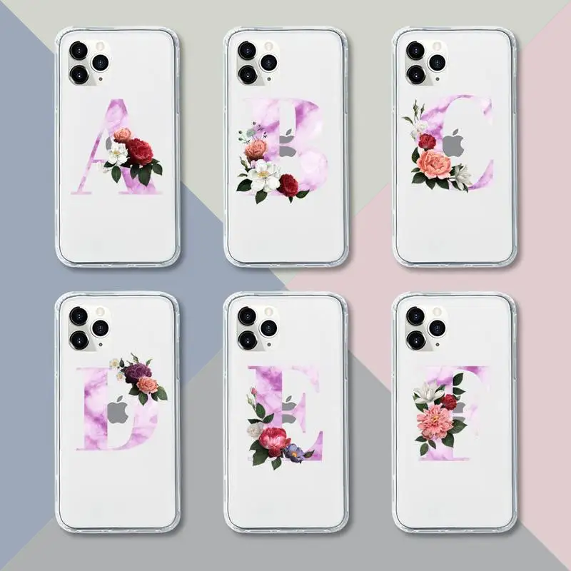 

Alphabet flower Phone Case Transparent For iPhone 13 12 11 pro mini XS XR X max 5 6 s 7 8 plus Soft Clear Mobile bags