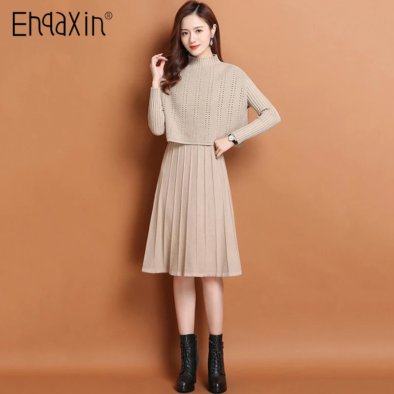 

EHQAXIN Autumn Winter Women's Knitted Dress Set 2022 New Knitted Hollow Vest + Slim Fit Pleated Sweater Dress 2 Piece Suit M-3XL
