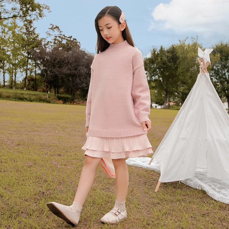 

Autumn Winter Girls Sweaters Dresses All-match Knitted Pullovers Long Cozy Children's Sweater Student Korean Parent-child Outfit