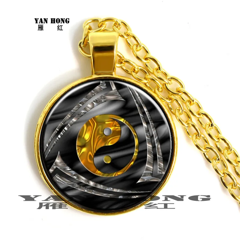 Золотой Инь-Ян кулон для Тай Чи ожерелье Античная Бронза цепь стеклянный кабошон