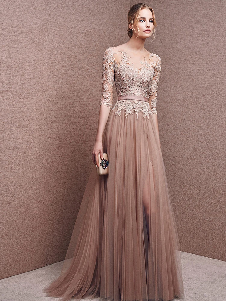 

Gorgepus O Neck Half Sleeve Wedding Dresses Exquisite Appliques Sexy Backless Slim A Line Prom Dress For Wedding Party